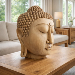 Buddha Kopf Holz 30cm aus handgeschnitztem Akazienholz, kleine Buddha Statue als asiatische Deko für Wohnzimmer, Yoga-Ecke oder Praxis in der Schweiz