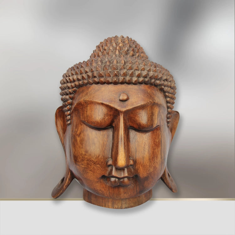 Buddha Kopf Holz 30cm aus handgeschnitztem Akazienholz, kleine Buddha Statue als asiatische Deko für Wohnzimmer, Yoga-Ecke oder Praxis in der Schweiz
