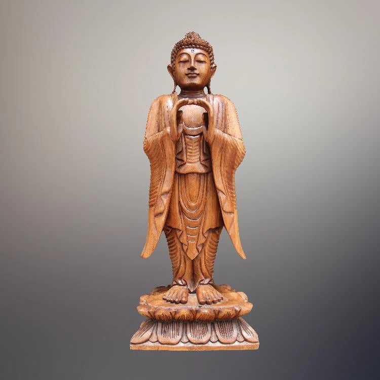 Stehende Buddha Holzfigur 80 cm aus massivem Akazienholz in Anjali Mudra, handgeschnitzte Buddha Statue als ruhiger Blickfang und asiatische Deko für Wohnzimmer, Eingangsbereich, Praxis, Yoga-Studio oder Garten in der Schweiz