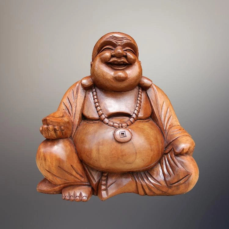 `Happy Buddha Holzfigur 50 cm aus handgeschnitztem, unbehandeltem Akazienholz – lachende Buddha Statue als Glücksbringer und asiatische Deko für Wohnzimmer, Büro, Praxis oder Ladenlokal in der Schweiz`
