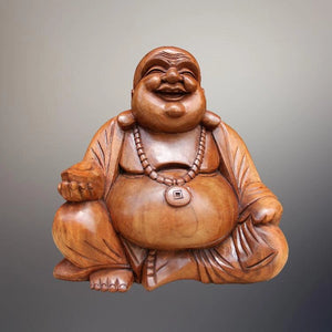`Happy Buddha Holzfigur 50 cm aus handgeschnitztem, unbehandeltem Akazienholz – lachende Buddha Statue als Glücksbringer und asiatische Deko für Wohnzimmer, Büro, Praxis oder Ladenlokal in der Schweiz`
