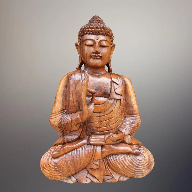 `Sitzende Buddha Statue 50 cm in Varada Mudra aus massivem, handgeschnitztem Akazienholz, wetterbeständige Holz-Buddha Figur für Wohnzimmer, Garten, Balkon, Restaurant, Spa oder Yoga-Studio in der Schweiz`