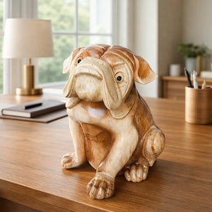 Bulldog Statue aus handgeschnitztem Akazienholz, hochwertige Bulldog Deko für Wohnzimmer, Büro, Eingangsbereich oder Laden in der Schweiz