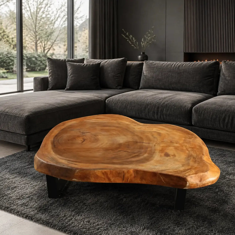 Salontisch aus heller Akazien-Baumscheibe (ca. 105 x 92 cm, 8 cm starke Platte) mit organischer Naturform, handgefertigtes Massivholz-Unikat für skandinavische Wohnzimmer, Lounge, Wintergarten oder Chalet in der Schweiz
