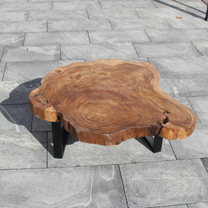 Couchtisch aus 9 cm starker Akazien-Baumscheibe (110 × 100 × 43 cm) mit rundlich-organischer Form, sanfter Einbuchtung, Naturriss und echter Baumkante, massives Naturholz-Unikat für Wohnzimmer mit L-Sofa, Familien-Lounge oder Meditations-Ecke in der Schweiz`
