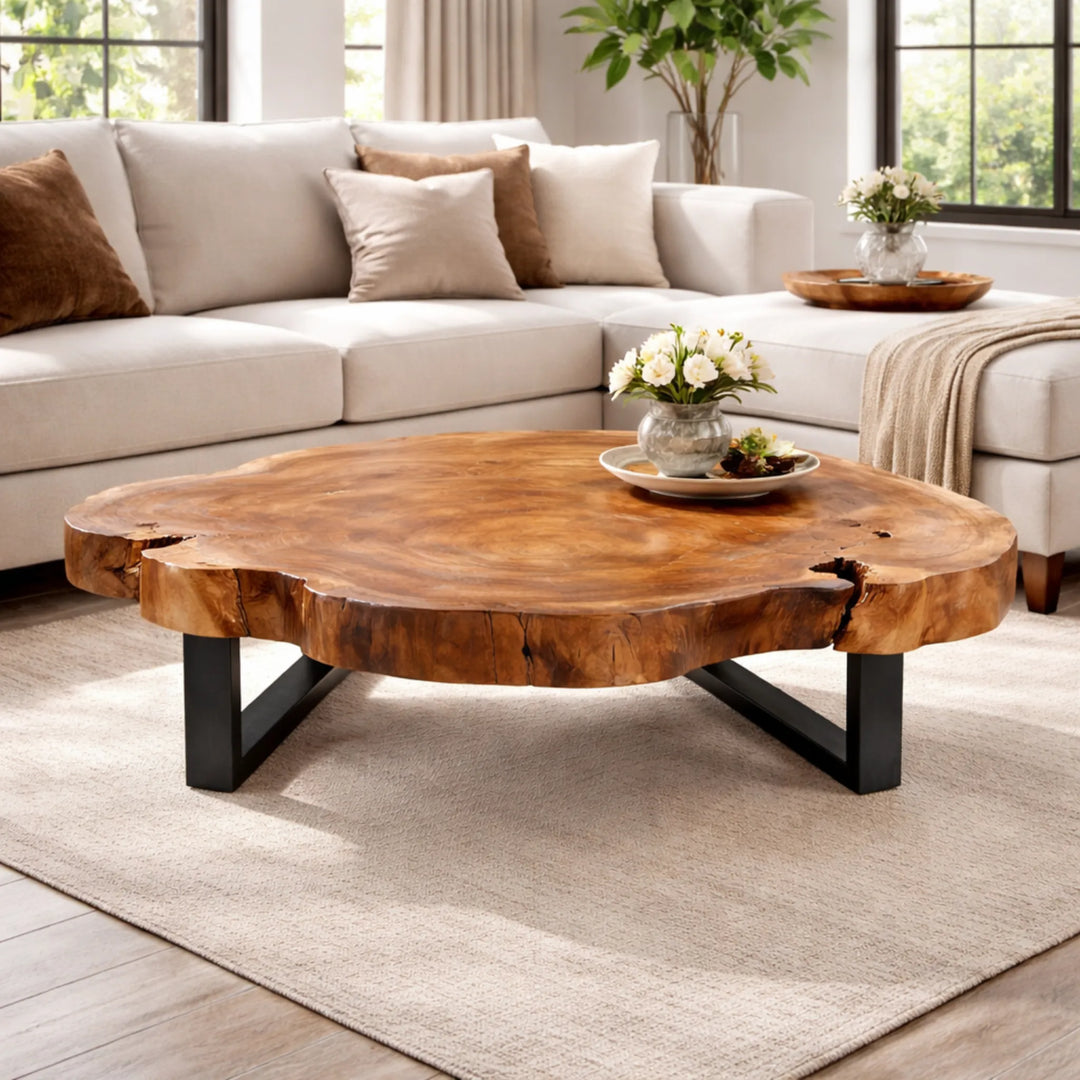 Couchtisch aus 9 cm starker Akazien-Baumscheibe (110 × 100 × 43 cm) mit rundlich-organischer Form, sanfter Einbuchtung, Naturriss und echter Baumkante, massives Naturholz-Unikat für Wohnzimmer mit L-Sofa, Familien-Lounge oder Meditations-Ecke in der Schweiz