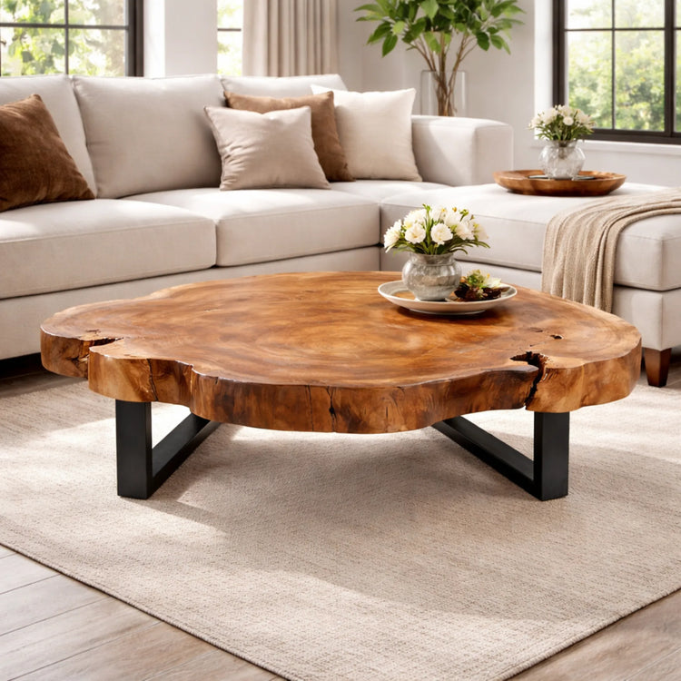 Couchtisch aus 9 cm starker Akazien-Baumscheibe (110 × 100 × 43 cm) mit rundlich-organischer Form, sanfter Einbuchtung, Naturriss und echter Baumkante, massives Naturholz-Unikat für Wohnzimmer mit L-Sofa, Familien-Lounge oder Meditations-Ecke in der Schweiz