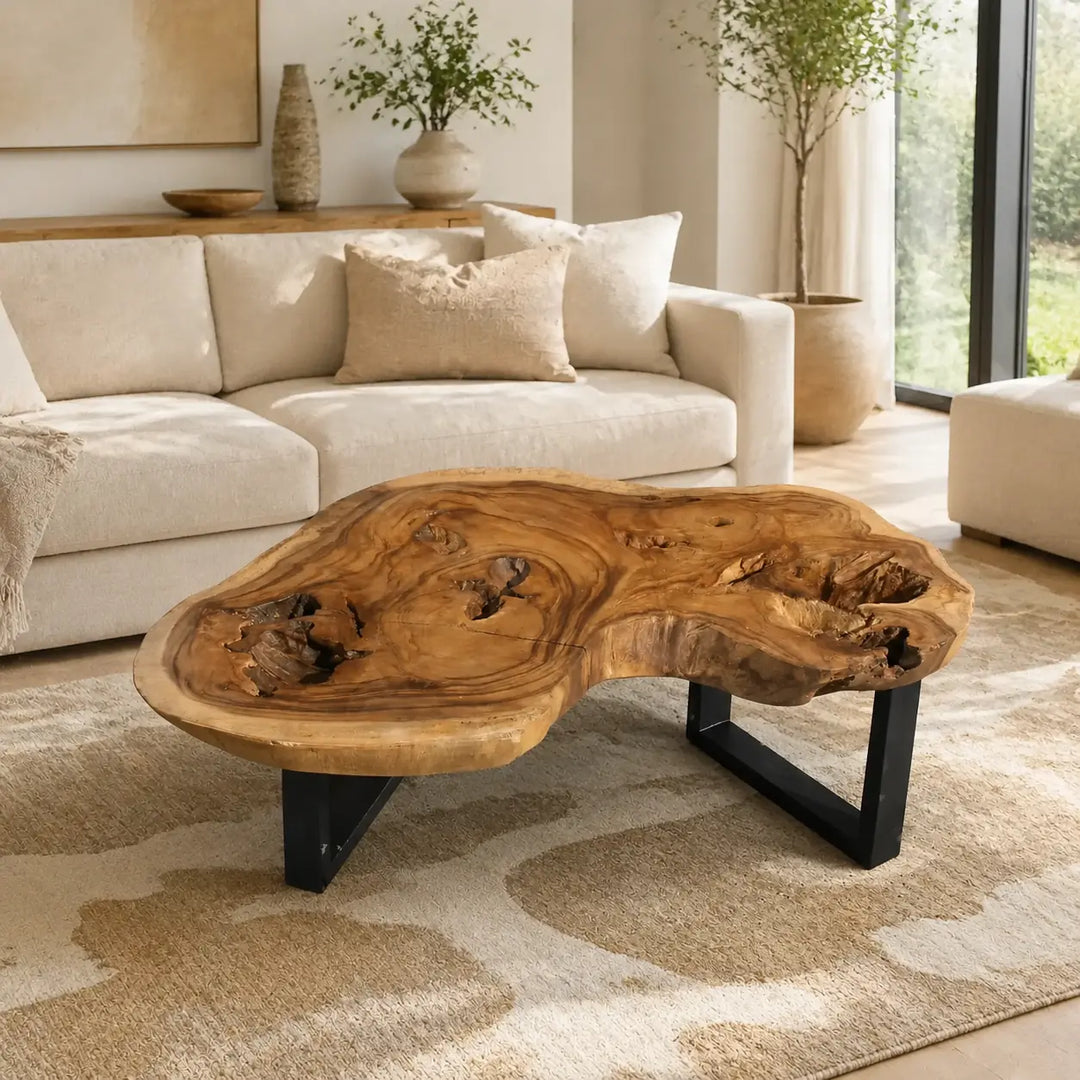 Couchtisch aus Akazien-Baumscheibe (96 × 93 × 43 cm, 8 cm starke Platte) mit organischer Nierenform, Live Edge und offenen Astlöchern, massives Naturholz-Unikat für skandinavische, asiatische oder moderne Wohnzimmer in der Schweiz