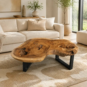 Couchtisch aus Akazien-Baumscheibe (96 × 93 × 43 cm, 8 cm starke Platte) mit organischer Nierenform, Live Edge und offenen Astlöchern, massives Naturholz-Unikat für skandinavische, asiatische oder moderne Wohnzimmer in der Schweiz