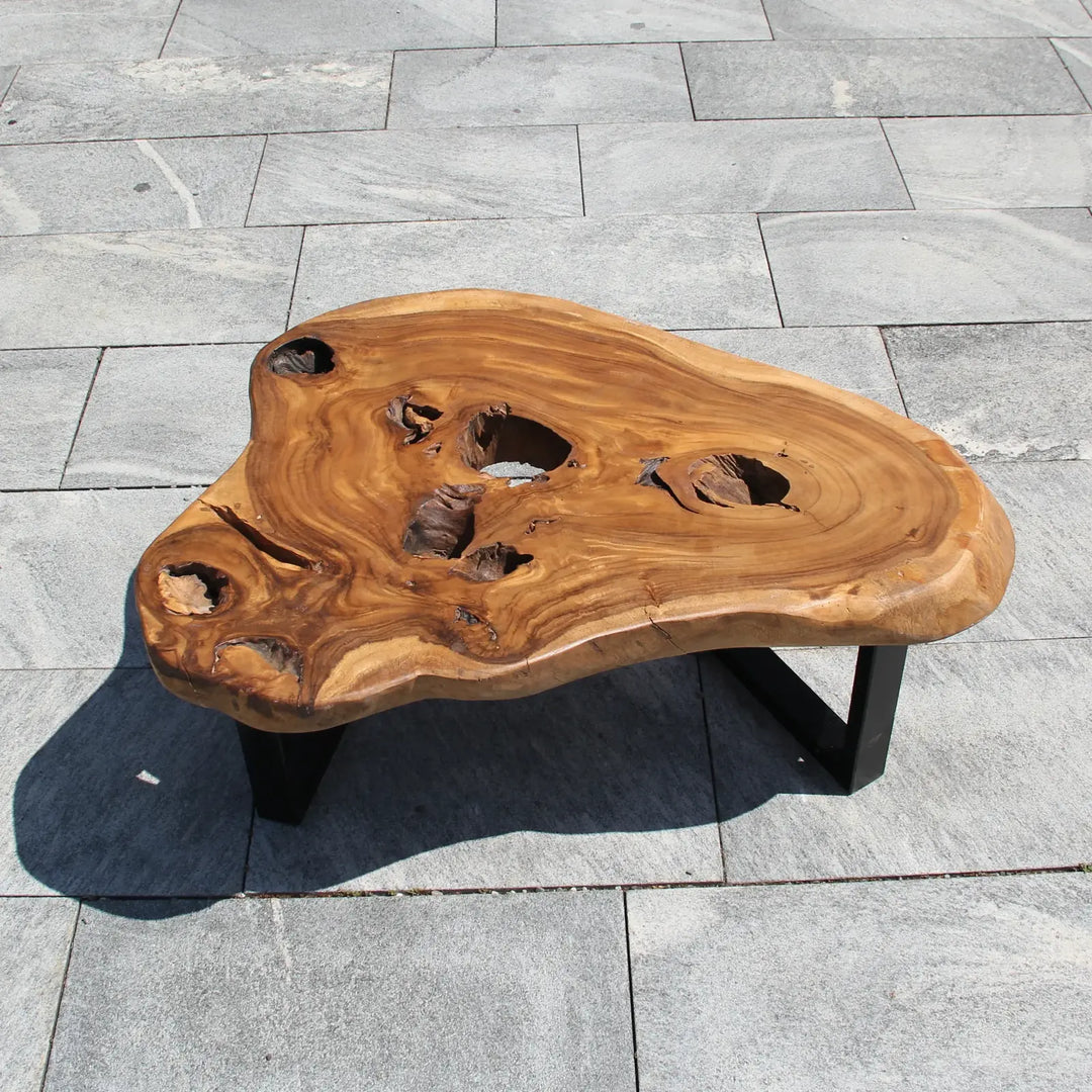 `Rechteckiger Couchtisch aus dunkler Akazien-Baumscheibe (101 x 80 x 43 cm, 8 cm starke Platte) mit naturbelassener Oberfläche, Baumkante, Astlöchern und schwarzen Metallbeinen im Industrial-Stil, Massivholz-Unikat für Wohnzimmercouch, Lounge oder Empfangsbereich in der Schweiz`
