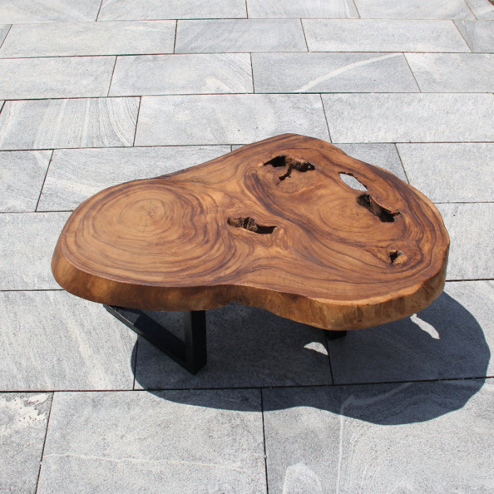 `Dunkler Couchtisch aus massiver Akazien-Baumscheibe (105 x 72 x 43 cm, 8 cm starke Vollholzplatte) mit sichtbaren Jahresringen, Baumhöhlen und Live Edge, natürlich geformtes Massivholz-Unikat für stilvolle Wohnzimmer, Lounge oder Wintergarten in der Schweiz`

