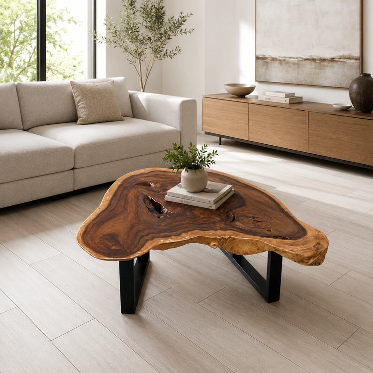 Baumkante-Couchtisch aus massiver Akazien-Baumscheibe (109 × 105 × 43 cm) mit Delta/Tropfen-Form, Naturkante und Metallgestell, organisches Naturholz-Unikat als Salontisch für L-Sofa, Ecksofa oder Lounge in der Schweiz