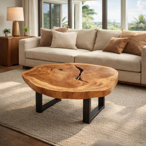 Wasserbeständiger Baumstamm-Couchtisch aus massiver Akazien-Baumscheibe (98 x 80 x 43 cm, 8 cm starke Platte) mit organischer Naturform, sichtbaren Jahresringen und schwarzen Metallfüßen, pflegeleichtes Naturholz-Unikat für Wohnzimmer und Lounge in der Schweiz