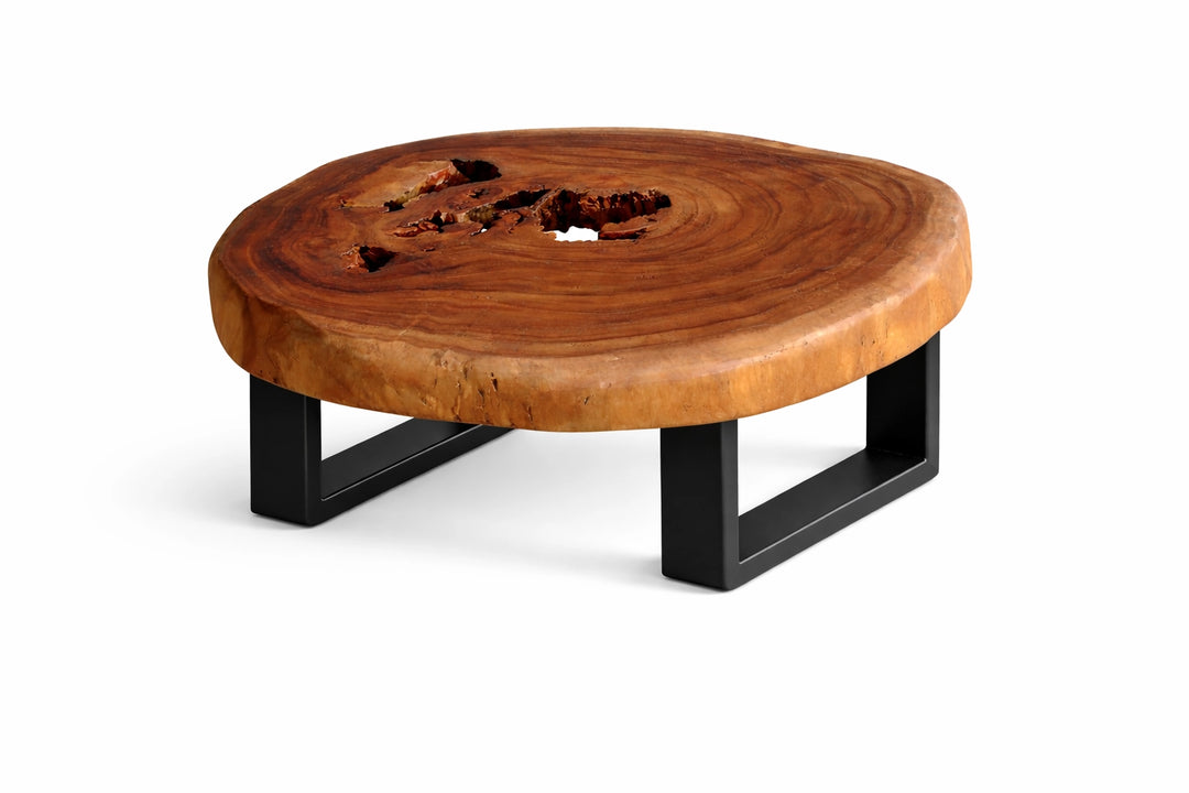 Baumscheiben-Couchtisch aus massiver Akazie (80 x 76 x 43 cm, 8 cm starke Platte) mit fast runder Naturform, zentraler Höhlung und markanter Baumkante, kompakter Naturholz-Unikat-Tisch für kleine Wohnzimmer, Stadt- und Ferienwohnungen in der Schweiz