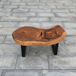 Baumscheiben-Designertisch aus massiver Akazien-Baumscheibe (110 x 75 x 43 cm, ca. 8 cm starke Platte) mit Natur-Loch, unregelmäßiger organischer Form und lebendiger Maserung, naturbelassenes Holzstamm-Unikat als Couchtisch für Lounge, Wohnzimmer oder überdachte Gartenlounge in der Schweiz`
