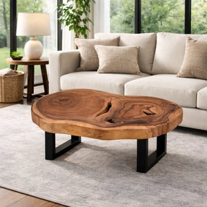 Baumscheiben-Designertisch aus massiver Akazien-Baumscheibe (110 x 75 x 43 cm, ca. 8 cm starke Platte) mit Natur-Loch, unregelmäßiger organischer Form und lebendiger Maserung, naturbelassenes Holzstamm-Unikat als Couchtisch für Lounge, Wohnzimmer oder überdachte Gartenlounge in der Schweiz`
