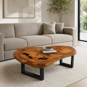 Couchtisch aus Holzstamm / massiver Akazien-Baumscheibe (105 x 72 x 43 cm, ca. 8 cm starke Platte) mit wasserbeckenartiger Naturform, Astlöchern und Baumkante, langlebiges Naturholz-Unikat für Wohnzimmer mit L-Sofa, Loft oder Wintergarten in der Schweiz