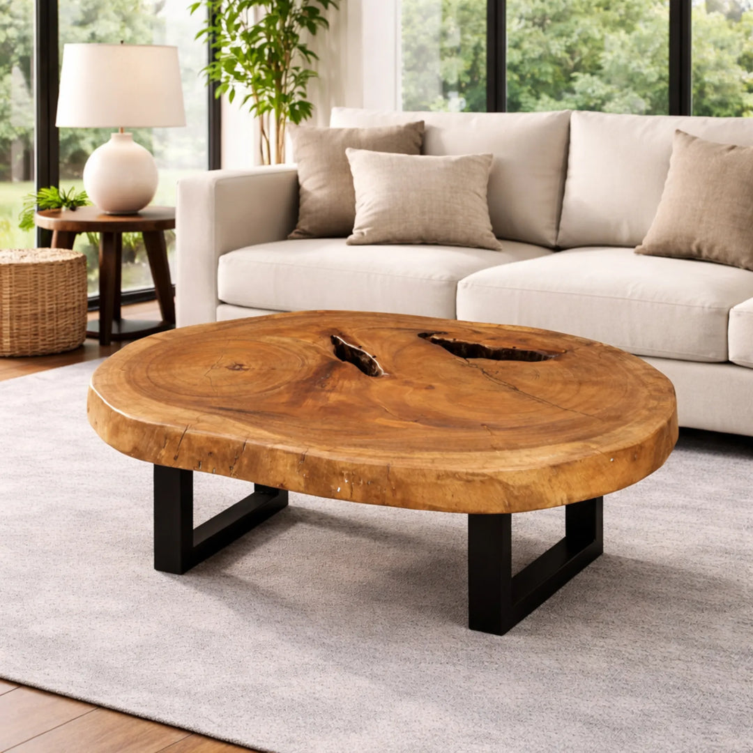 Holzstamm-Couchtisch aus massiver Suar-Baumscheibe (90 x 68 x 43 cm, 8 cm starke Platte) mit organischer Form und Naturkante, kompakter Massivholz-Salontisch im asiatisch-rustikalen Stil für kleine Wohnzimmer in der Schweiz