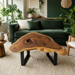 Baumkante-Couchtisch aus massiver Suarholz-Baumscheibe (109 × 105 × 43 cm) mit Delta/Tropfen-Form, Naturkante und Metallgestell, organisches Naturholz-Unikat als Salontisch für L-Sofa, Ecksofa oder Lounge in der Schweiz