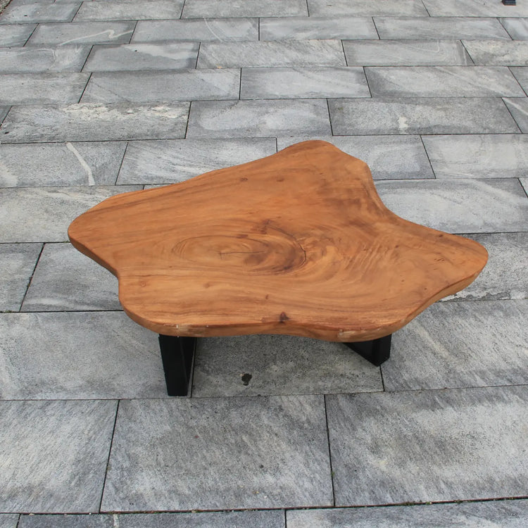 XXL-Couchtisch aus massiver Akazienholz-Baumscheibe (123 cm, 8 cm starke Platte) mit unregelmäßiger Naturform und heller Baumkante, großer Naturholz-Salontisch für Sofalandschaften, Familien-Wohnzimmer oder Loft in der Schweiz