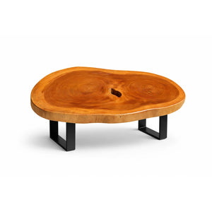 Ovaler Holzstamm-Couchtisch aus massiver Akazien-Baumscheibe (114 x 67 x 43 cm, ca. 8 cm starke Platte) mit Baumkante und sichtbaren Jahresringen, Naturholz-Unikat als Wohnzimmertisch für L-Sofa, Lounge-Ecke oder offenen Wohn-/Essbereich in der Schweiz