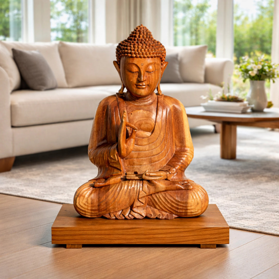 Buddha Sockel Holz 45x30x6 cm aus massivem Akazienholz, naturbelassener Holzsockel als stabiles Podest für Buddha Figuren, Skulpturen, Vasen oder Pflanzen im Wohn- oder Meditationsraum in der Schweiz