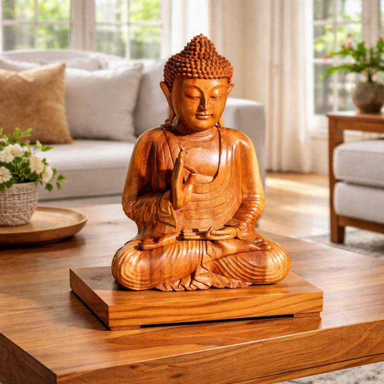 Buddha Sockel Holz 45x30x6 cm aus massivem Akazienholz, naturbelassener Holzsockel als stabiles Podest für Buddha Figuren, Skulpturen, Vasen oder Pflanzen im Wohn- oder Meditationsraum in der Schweiz