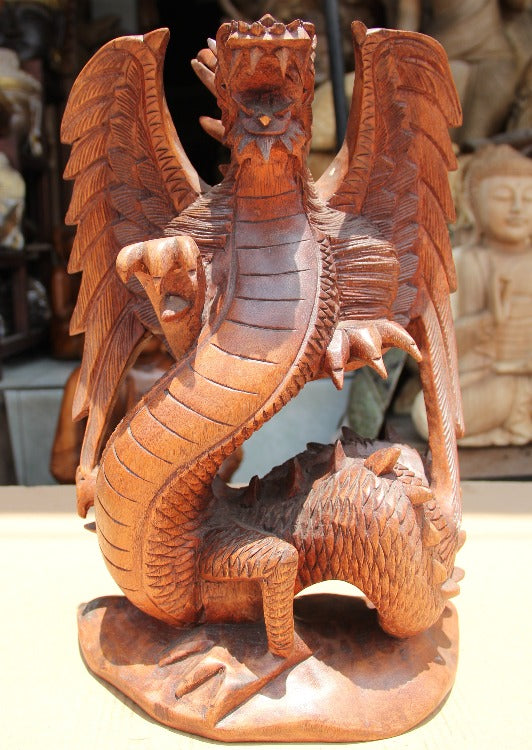 Drachen Skulptur Holz 40 cm aus handgeschnitztem Akazienholz, asiatische Drachen Statue als Tischdeko für Wohnzimmer, Büro, Praxis oder Meditationsraum in der Schweiz