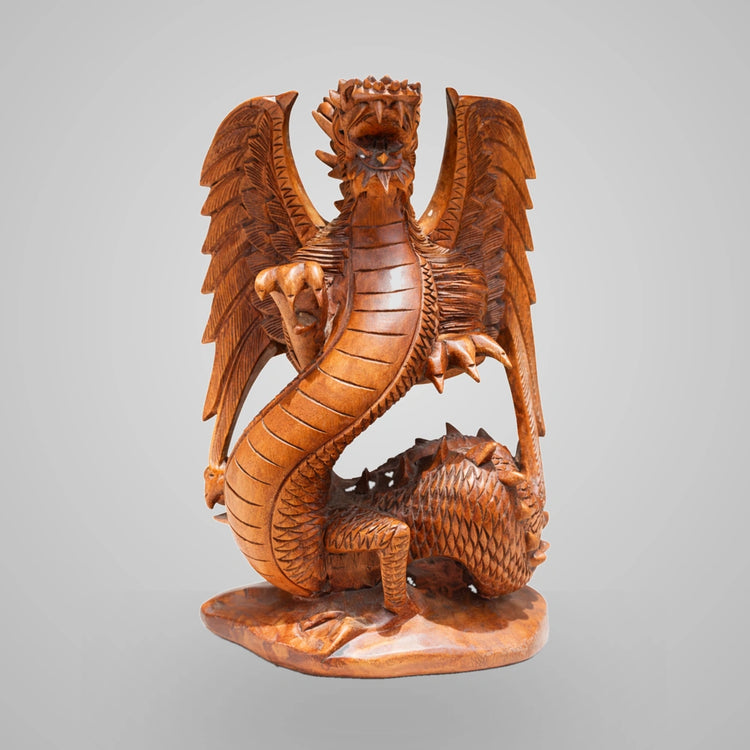 Drachen Skulptur Holz 40 cm aus handgeschnitztem Akazienholz, asiatische Drachen Statue als Tischdeko für Wohnzimmer, Büro, Praxis oder Meditationsraum in der Schweiz