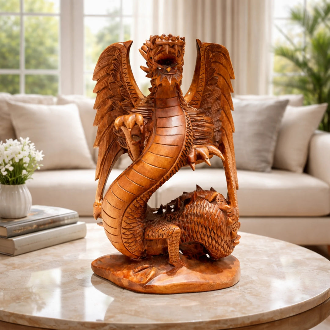 Drachen Skulptur Holz 40 cm aus handgeschnitztem Akazienholz, asiatische Drachen Statue als Tischdeko für Wohnzimmer, Büro, Praxis oder Meditationsraum in der Schweiz
