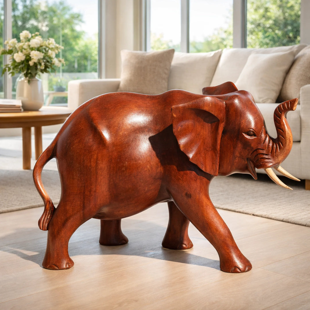 Elefant Holzfigur 30 cm aus massivem Akazienholz – handgeschnitzte Elefant Statue als natürliche Deko für Wohnzimmer, Kinderzimmer, Praxis oder Yoga-Studio, online kaufen Schweiz