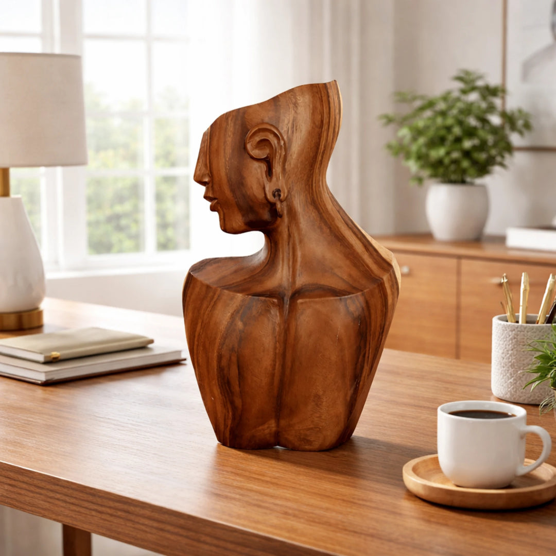 Gesicht Skulptur aus massivem Teak-/Akazienholz (ca. 40 cm), handgeschnitzte Gesicht Deko als spirituelle Holzskulptur für Wohnzimmer, Praxis, Yoga-Raum, Meditationsecke oder Eingang im Holz Deko Shop Schweiz
