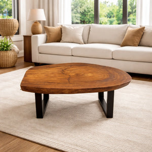 Großer Baumstamm-Couchtisch aus unbehandelter Akazien-Baumscheibe (115 x 82 x 43 cm, ca. 8 cm starke Platte) mit organischer Baumkante, XXL-Massivholz-Unikat für Wohnzimmer, Lounge, Chalet oder Empfangsbereich in der Schweiz