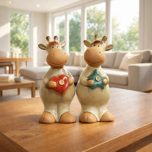 Handgefertigtes Porzellankuh Paar als liebevolle Hochzeit Deko und humorvolle Tischdeko fürs Wohnzimmer, Geschenkidee mit bunten Details für Hochzeitstisch, Café oder Boutique