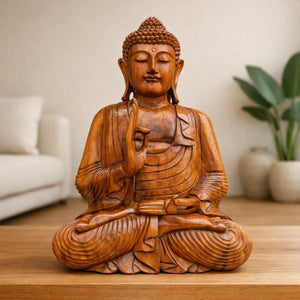 Handgeschnitzter Buddha aus Massivholz, ca. 40 cm hoch, Ideal für Yogastudio, Spa, Praxis, Boutique & Empfangsräume. Ab Lager Schweiz.