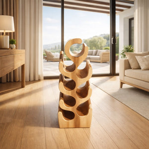 Weinflaschen-Halter aus massivem Akazienholz-Stamm (Suar, ca. 70 cm hoch, Platz für 8 Flaschen) im skulpturalen Kaktus-Design, freistehendes naturbelassenes Weinregal für Wohnzimmer, Esszimmer, Hausbar oder kleine Restaurants in der Schweiz