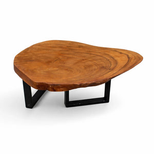 Holzstamm-Tisch aus massiver Akazien-Baumscheibe (114 x 87 x 43 cm, 8 cm starke Platte) in Wassertropfen-Form mit echter Baumkante und sichtbaren Jahresringen, organischer Naturholz-Couchtisch für Wohnzimmer, Loft, Wintergarten oder Empfang in der Schweiz