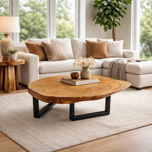 Holzstamm-Tisch aus massiver Akazien-Baumscheibe (114 x 87 x 43 cm, 8 cm starke Platte) in Wassertropfen-Form mit echter Baumkante und sichtbaren Jahresringen, organischer Naturholz-Couchtisch für Wohnzimmer, Loft, Wintergarten oder Empfang in der Schweiz
