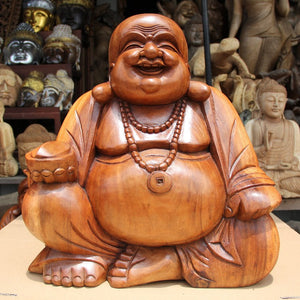 Buddha Deko, Lachender Buddha, Buddha-Statue, Happy Buddha aus massivholz, Buddha aus massivholz, Holzskulptur Buddha, Buddha Deko ch, Dekoration aus Holz, Holzfiguren, Holz Kunst
