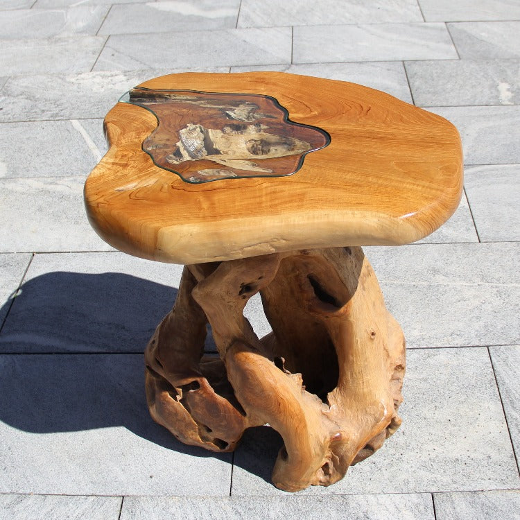 Balkon Wurzeltisch, massiv Teak Holz, klein rund Holztisch 65cm
