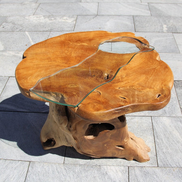 klein Gartentisch Holz mit Glas, Teakholz massiv Holztisch mit Glas