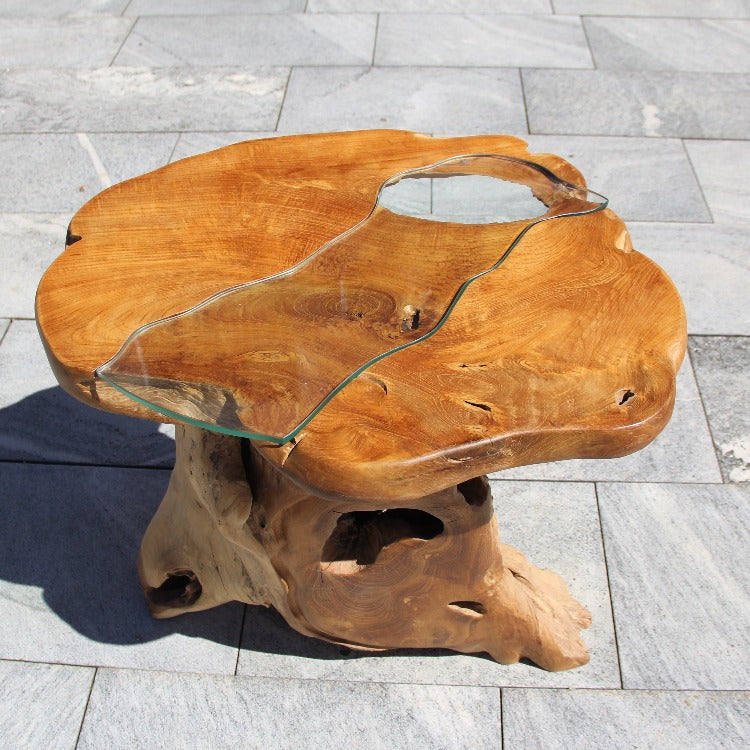 klein Gartentisch Holz mit Glas, Teakholz massiv Holztisch mit Glas