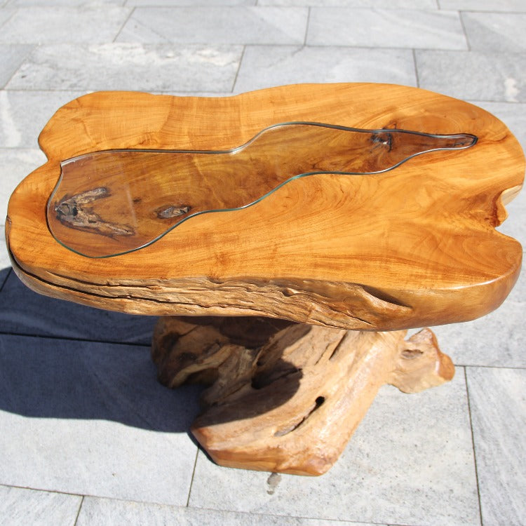 Esstisch für 2 Personen, Klein Holztisch, massiv Teakholz Wurzel 80cm