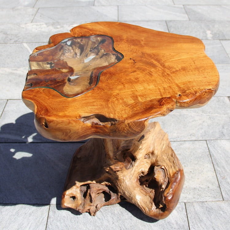Gartentisch Holz Glas, kleiner Naturholz Tisch, Gartentisch mit Glas
