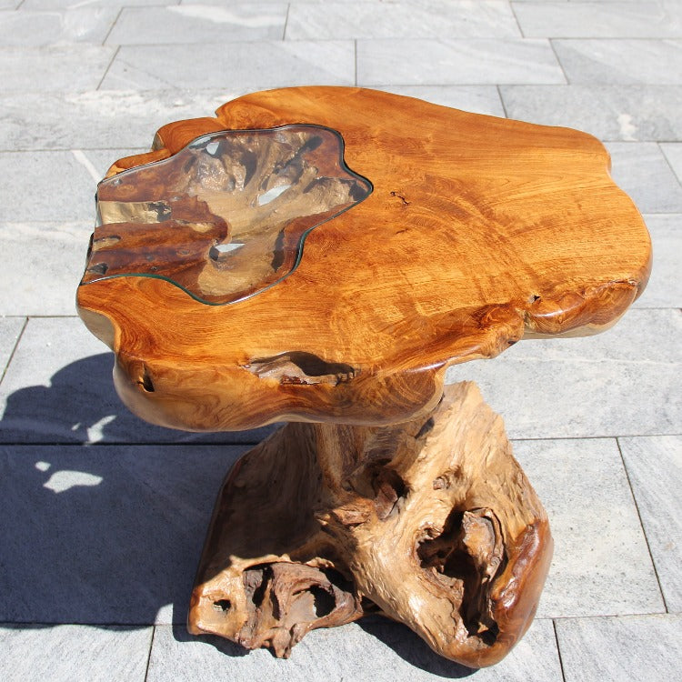 rund Beistelltisch, kleiner Holztisch, massiv Teak Wurzelholz 70x70