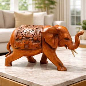 Klein Elefant Holzfigur 30 cm aus massivem Akazienholz – handgeschnitzte Elefant Skulptur als natürliche Deko und Glücksbringer für Wohnzimmer, Büro oder Kinderzimmer in der Schweiz