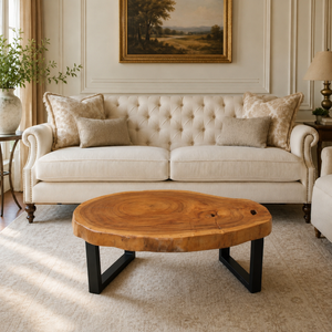 Kleiner Couchtisch aus heller Akazien-Baumscheibe (99 x 70 x 43 cm, 8 cm starke Platte) in organischer Nierenform, Massivholz-Unikat im skandinavischen Naturholz-Look für kleine Wohnzimmer und Leseecken in der Schweiz
