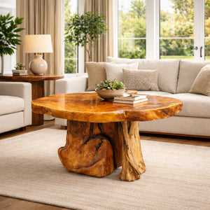 Terrassentisch aus massivem Teakholz (87 x 70 x 65 cm, ca. 8 cm starke Baumscheiben-Platte) mit Wurzelholz-Fuß und organischer Nierenform, wasserfester Massivholztisch für Balkon, Terrasse, Garten oder hohen Couchtisch im Wohnzimmer in der Schweiz