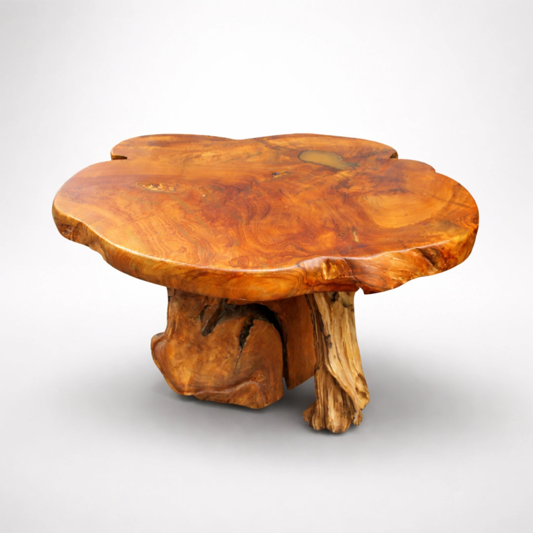Terrassentisch aus massivem Teakholz (87 x 70 x 65 cm, ca. 8 cm starke Baumscheiben-Platte) mit Wurzelholz-Fuß und organischer Nierenform, wasserfester Massivholztisch für Balkon, Terrasse, Garten oder hohen Couchtisch im Wohnzimmer in der Schweiz