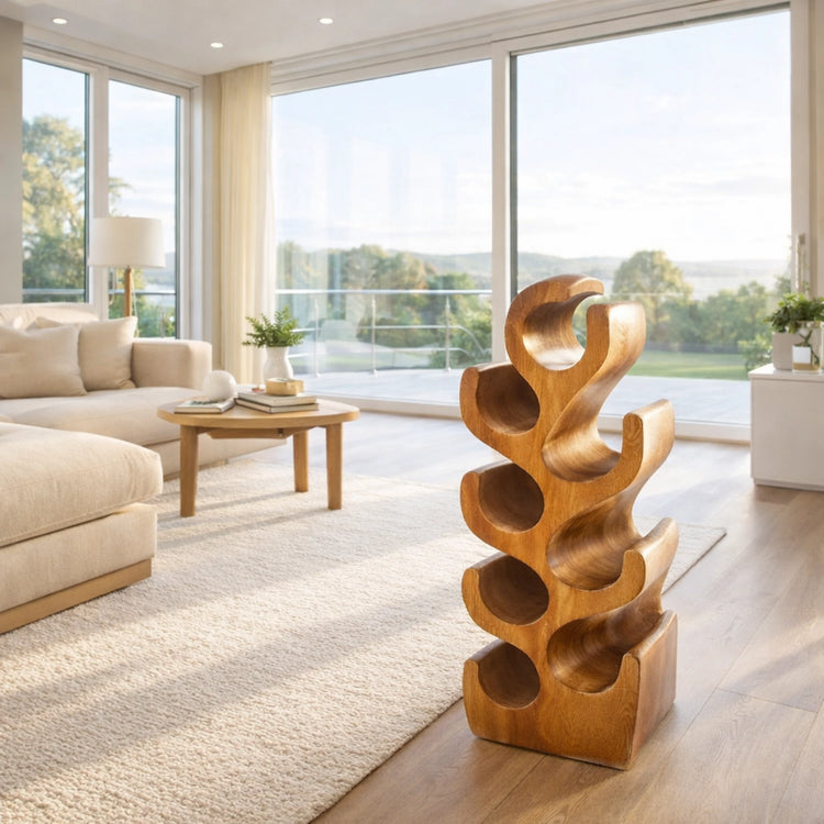 Weingestell aus massivem Akazienholz im skulpturalen Kaktus-Design (70 cm hoch, Platz für 8 Flaschen), handgefertigtes stehendes Weinregal aus Naturholz für Wohnzimmer, Esszimmer, Hausbar oder Restaurant in der Schweiz